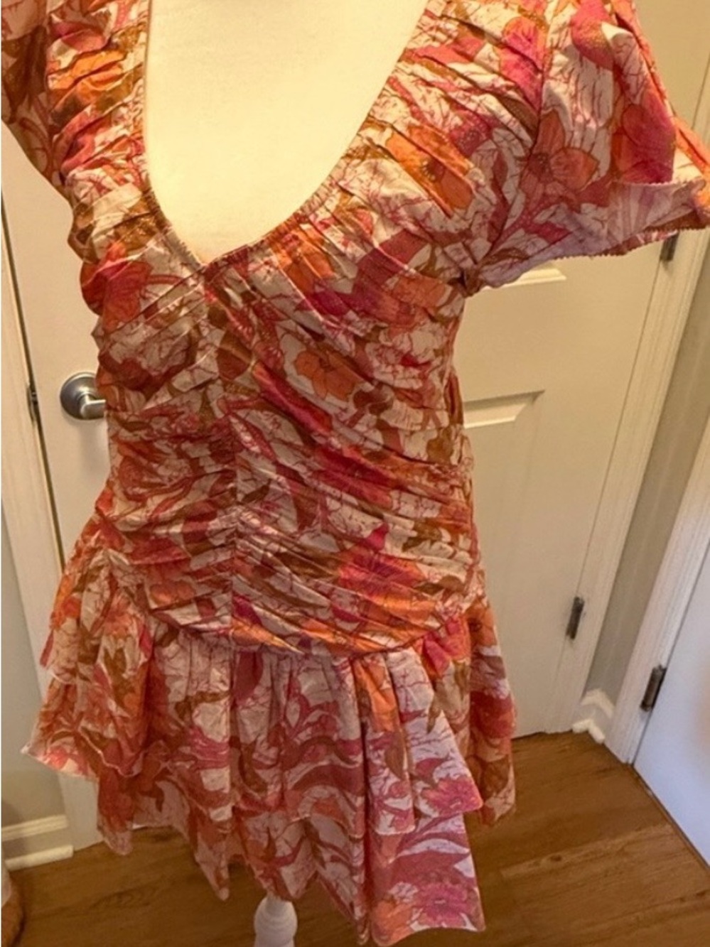Floral Ruched V-Neck Short Dress in Pink and Orange